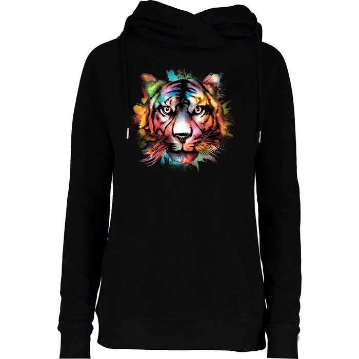 Tiger Face Watercolor Womens Funnel Neck Pullover Hood