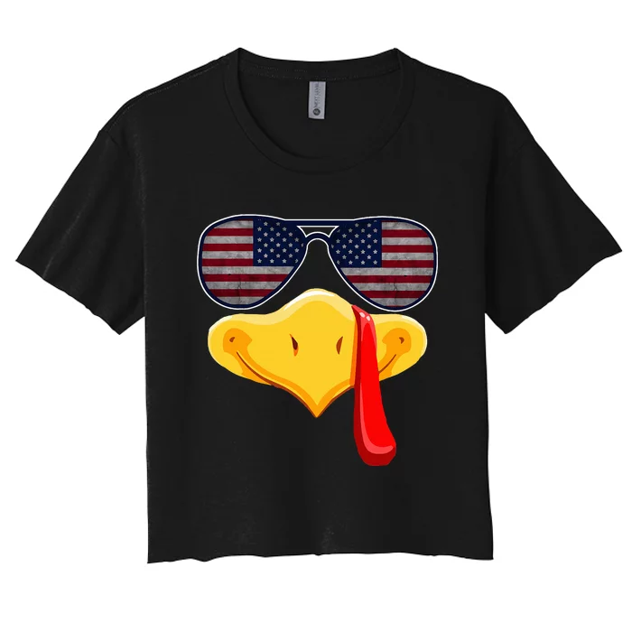 Turkey Face with Glasses Vintage Usa Flag for Thanksgiving Women's Crop Top Tee