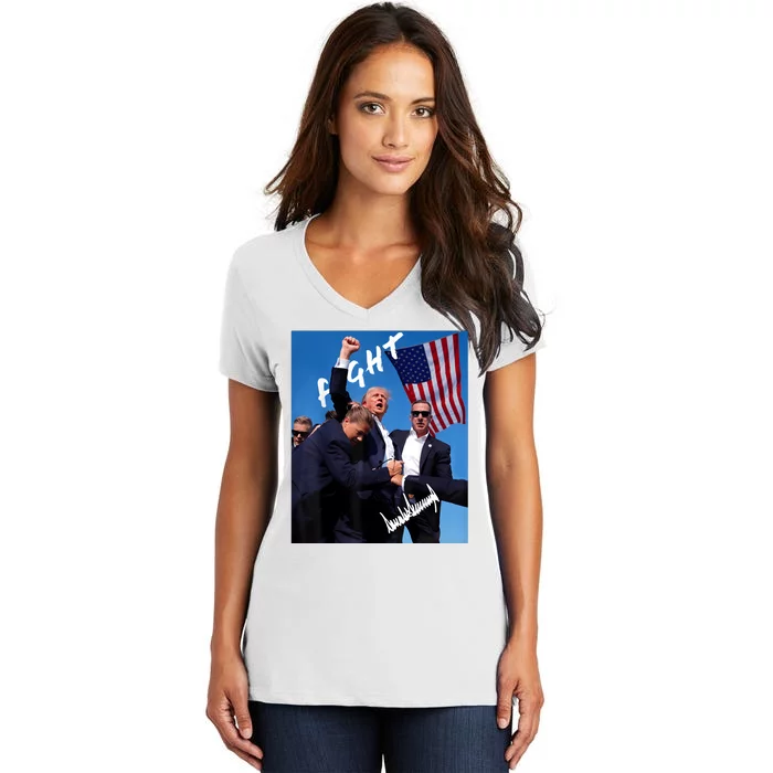 Trump Fight With Fist In Air Facsimile Signature Women's V-Neck T-Shirt