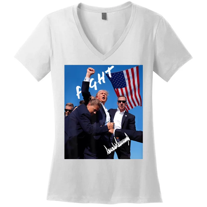 Trump Fight With Fist In Air Facsimile Signature Women's V-Neck T-Shirt