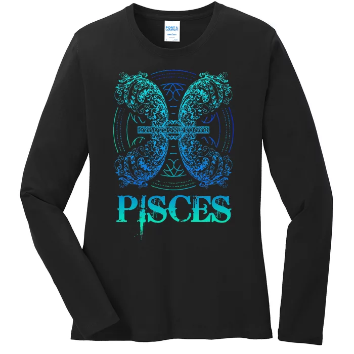 Two Fish Zodiac Sign Symbol Horoscope Pisces Ladies Long Sleeve Shirt