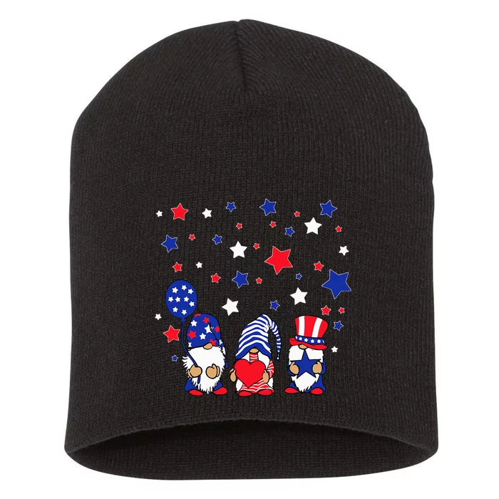 Three Gnomes 4th Of July Red White and Blue Short Acrylic Beanie