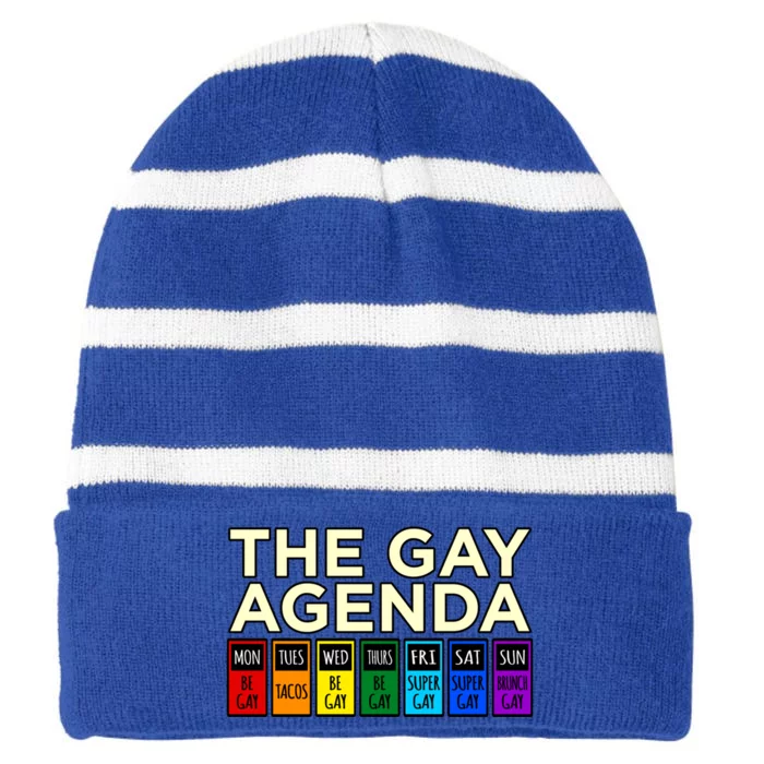 The Gay Agenda Lgbtq Pride Month Rainbow Supporter Graphic Cool Gift Striped Beanie with Solid Band