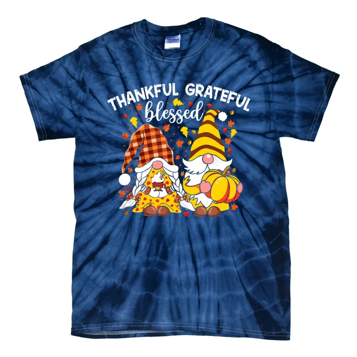 Thankful Grateful Blessed Fall Gnomes Autumn Thanksgiving Tie-Dye T-Shirt