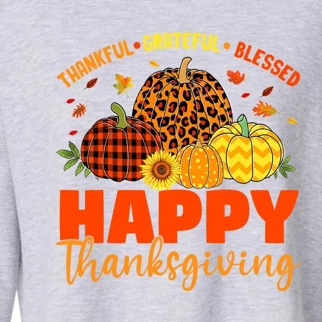 Thankful Grateful Blessed Leopard Pumpkin Fall Thanksgiving Cropped Pullover Crew