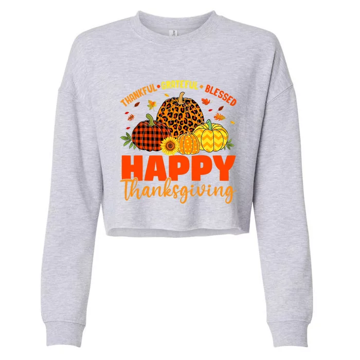 Thankful Grateful Blessed Leopard Pumpkin Fall Thanksgiving Cropped Pullover Crew