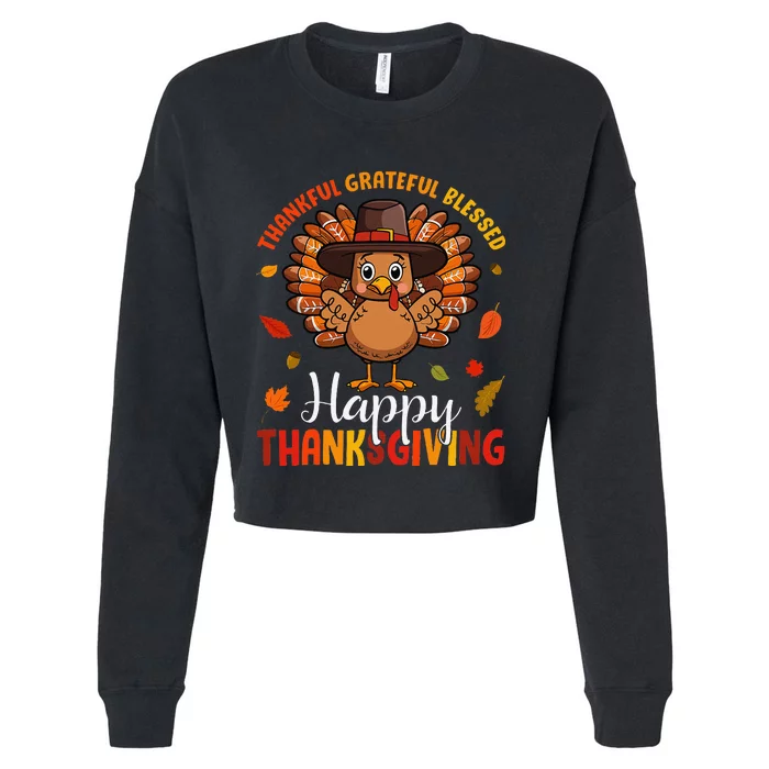 Thankful Grateful Blessed Thanksgiving Turkey Cropped Pullover Crew