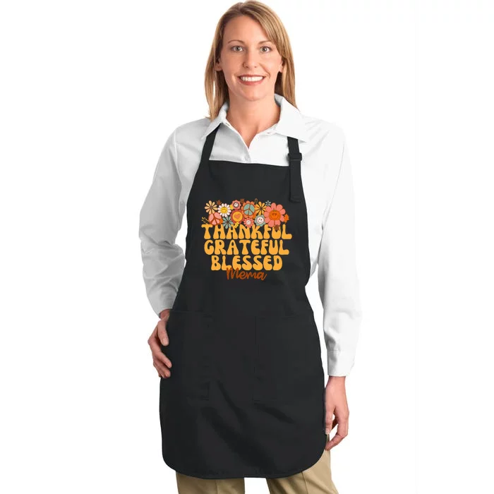 Thankful Grateful Blessed Mema Thanksgiving Throwback Full-Length Apron With Pocket