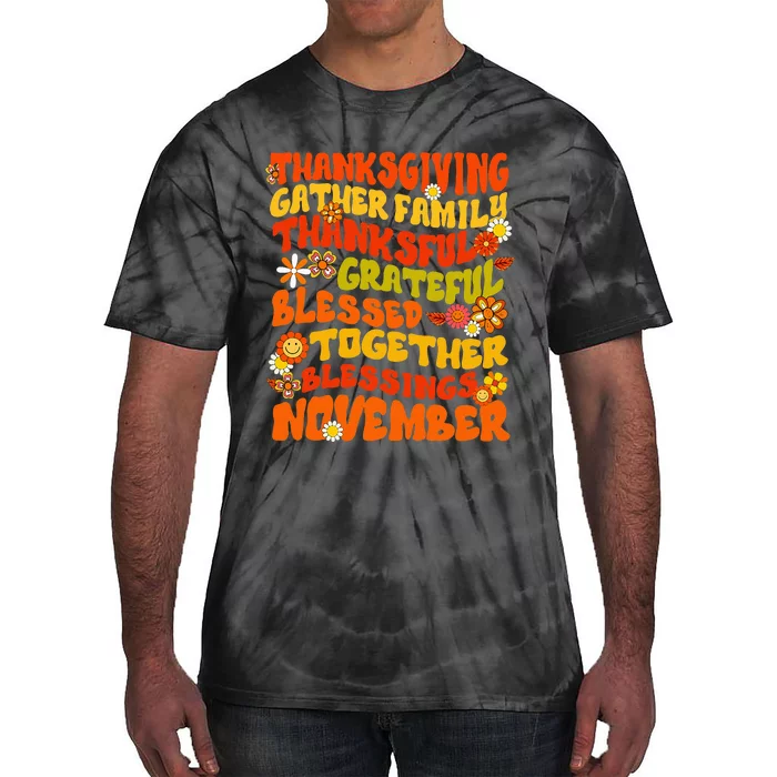 Thankful Grateful Blessed Fall Family Gathering Tie-Dye T-Shirt