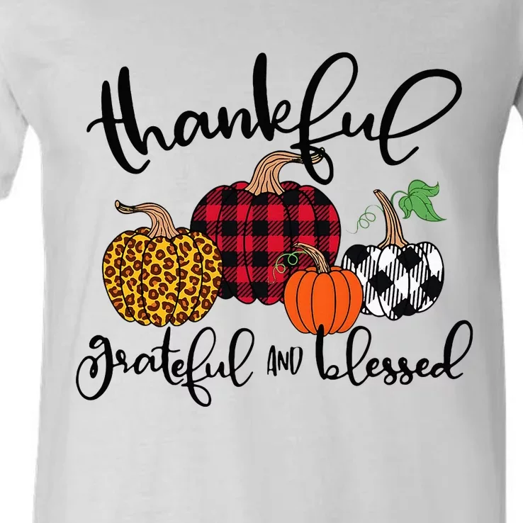 Thankful Grateful Blessed Pumpkin Thanksgiving Day V-Neck T-Shirt