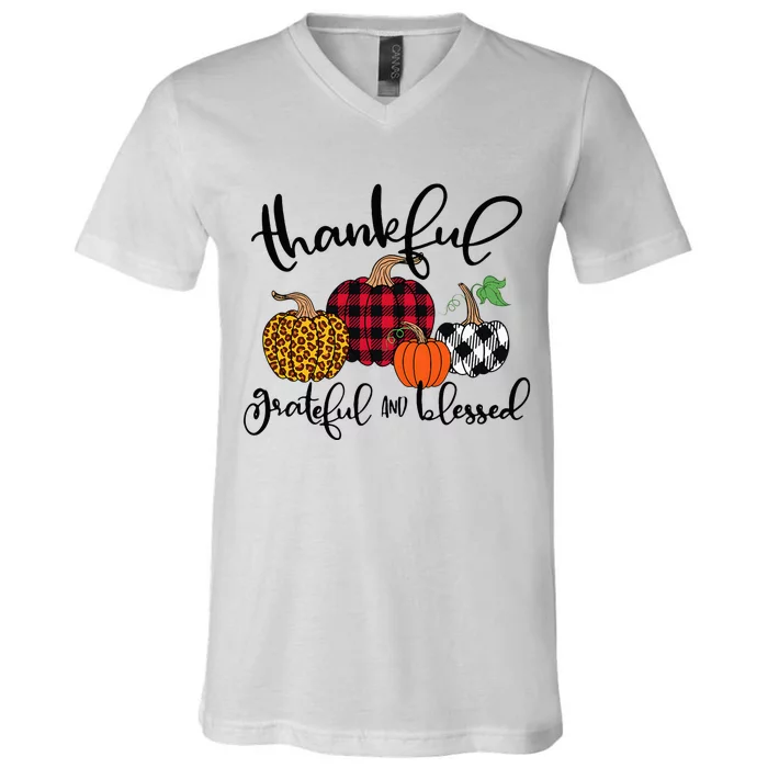 Thankful Grateful Blessed Pumpkin Thanksgiving Day V-Neck T-Shirt