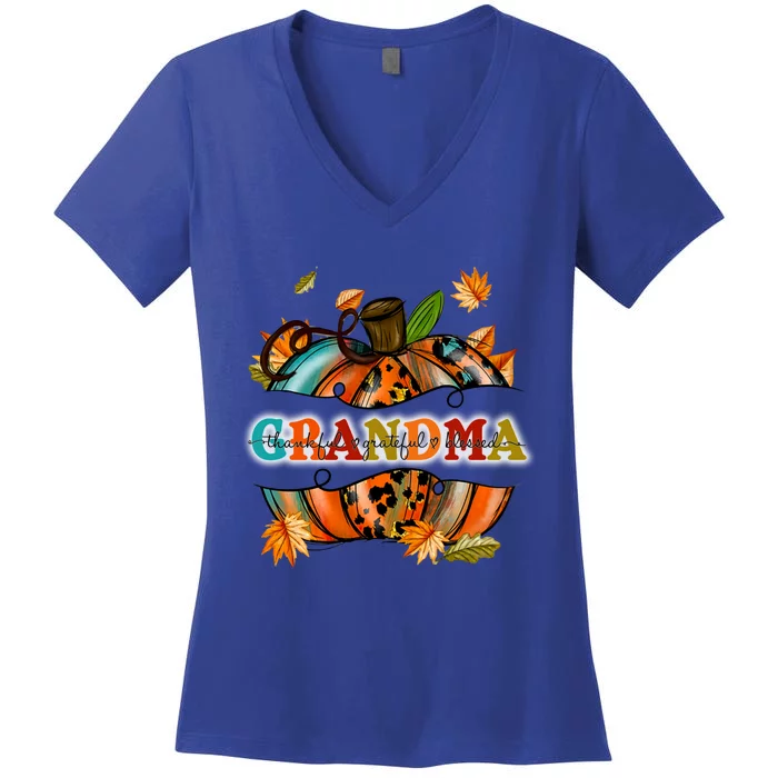 Thankful Grateful Blessed Grandma Pumpkin Cute Gift Women's V-Neck T-Shirt