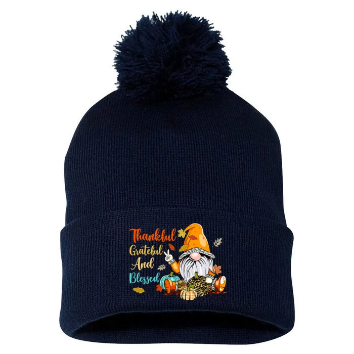 Thankful Grateful Blessed Thanksgiving Fall Gnomes Pom Pom 12in Knit Beanie