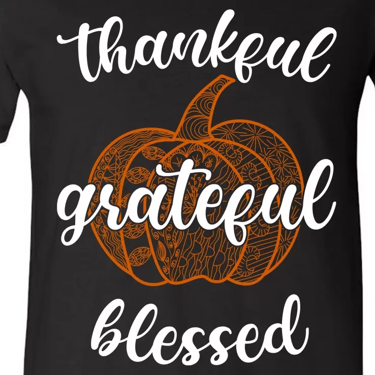 Thankful Grateful Blessed Pumpkin Fall V-Neck T-Shirt