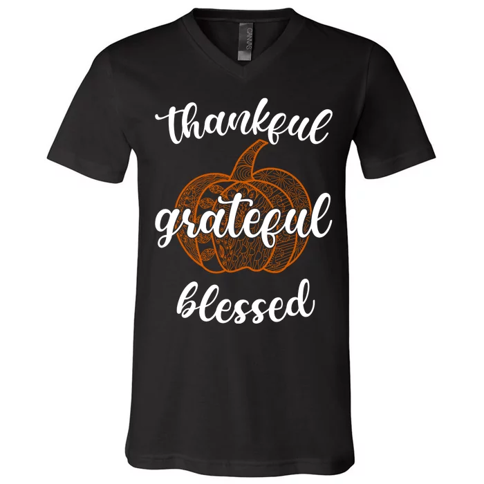 Thankful Grateful Blessed Pumpkin Fall V-Neck T-Shirt