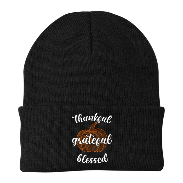 Thankful Grateful Blessed Pumpkin Fall Knit Cap Winter Beanie