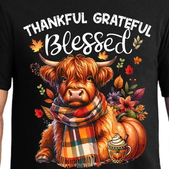 Thankful Grateful Blessed Highland Cow Fall YAll Autumn Pajama Set