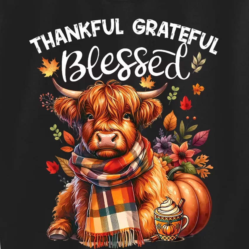 Thankful Grateful Blessed Highland Cow Fall YAll Autumn Kids Sweatshirt