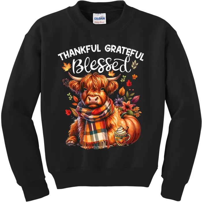 Thankful Grateful Blessed Highland Cow Fall YAll Autumn Kids Sweatshirt