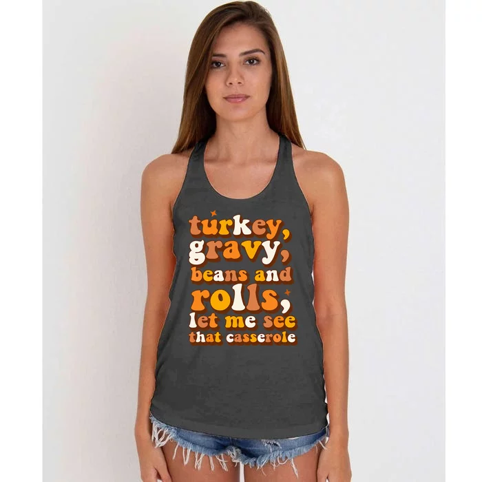 Turkey Gravy Beans & Rolls Casserole Thanksgiving Funny Cute Women's Knotted Racerback Tank