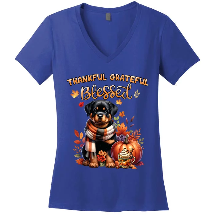 Thankful Grateful Blessed Rottweiler Dog Fall YAll Autumn Women's V-Neck T-Shirt