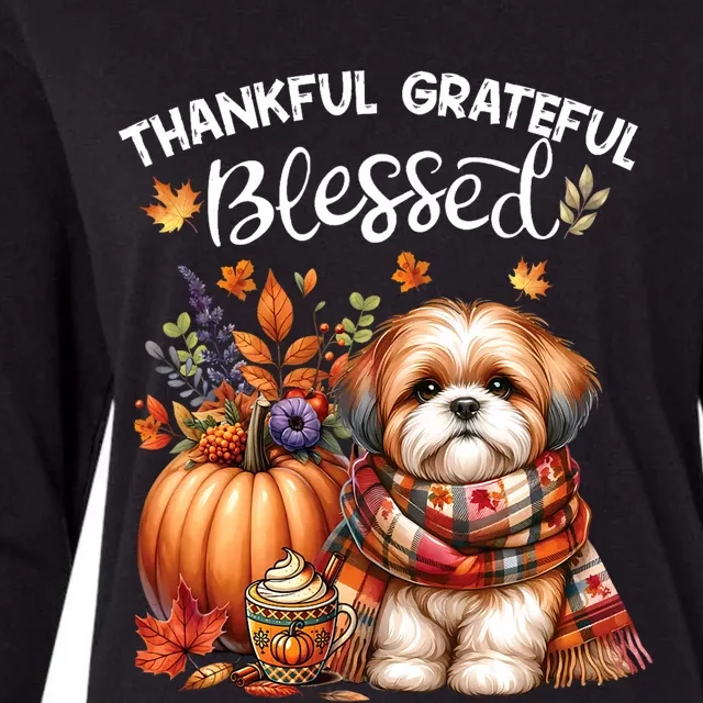 Thankful Grateful Blessed Shih Tzu Dog Fall YAll Autumn Womens Cotton Relaxed Long Sleeve T-Shirt