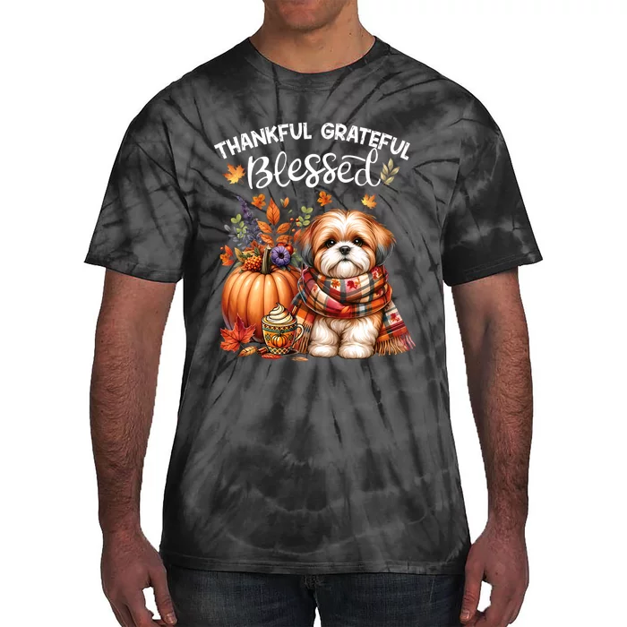 Thankful Grateful Blessed Shih Tzu Dog Fall YAll Autumn Tie-Dye T-Shirt