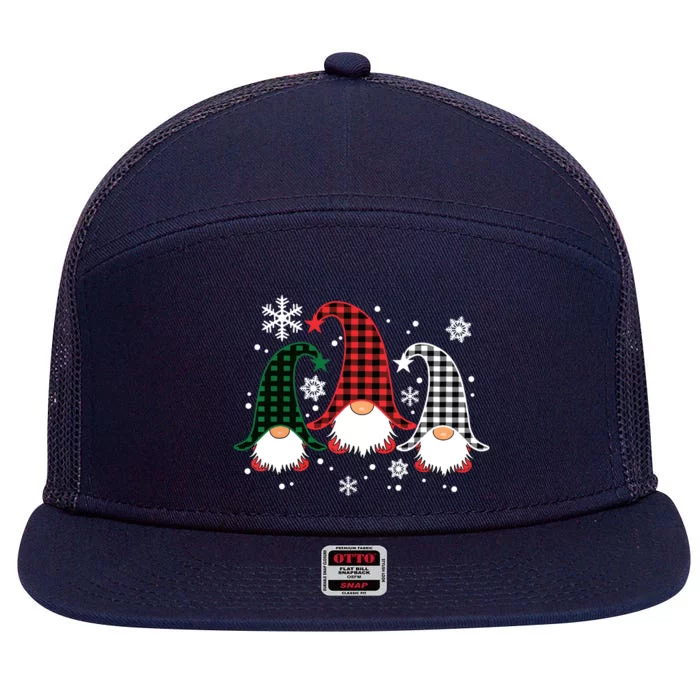 Three Gnomes Buffalo Plaid Christmas Snowflakes 7 Panel Mesh Trucker Snapback Hat