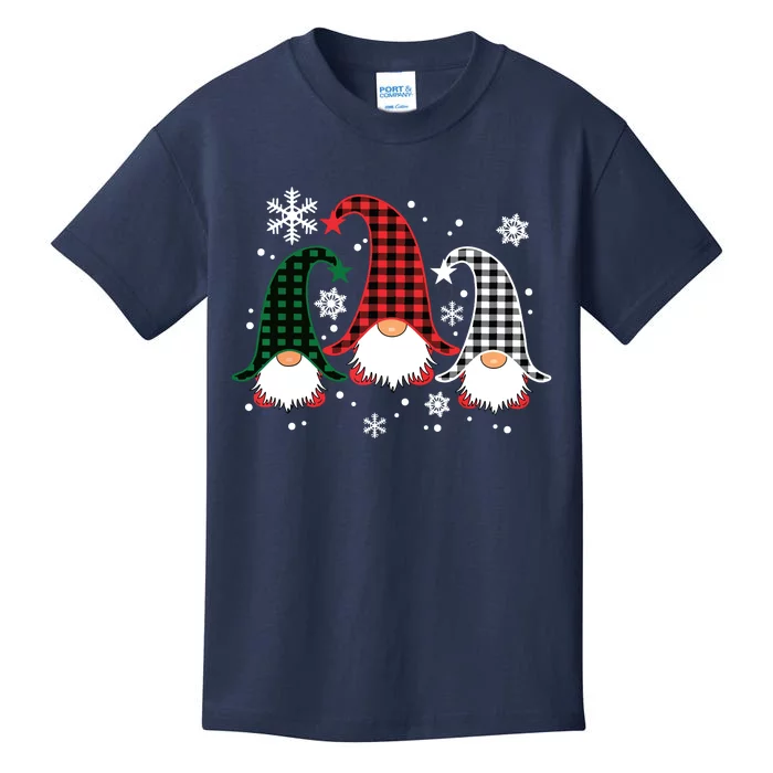 Three Gnomes Buffalo Plaid Christmas Snowflakes Kids T-Shirt