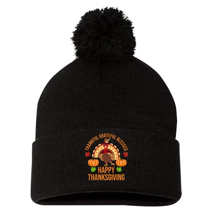 Thankful Grateful Blessed Happy Thanksgiving Quote Pom Pom 12in Knit Beanie