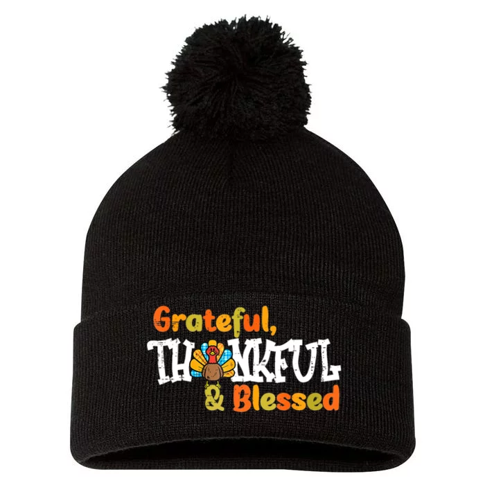 Thankful Grateful Blessed Thanksgiving Turkey Girls Pom Pom 12in Knit Beanie