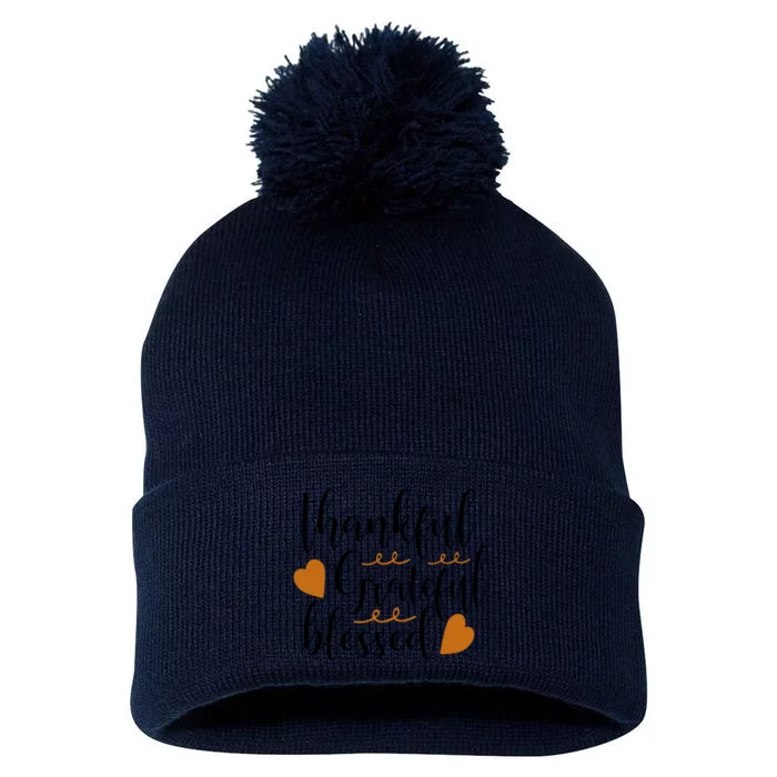 Thankful Grateful Blessed Pom Pom 12in Knit Beanie