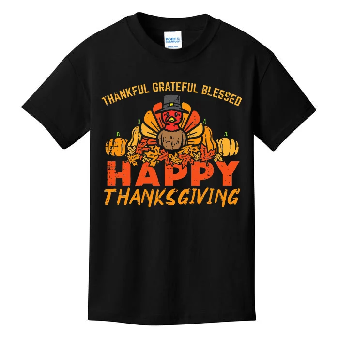 Thankful Grateful Blessed Happy Thanksgiving Turkey Kids T-Shirt