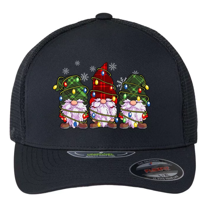 Three Gnomes Buffalo Plaid Red Christmas Flexfit Unipanel Trucker Cap