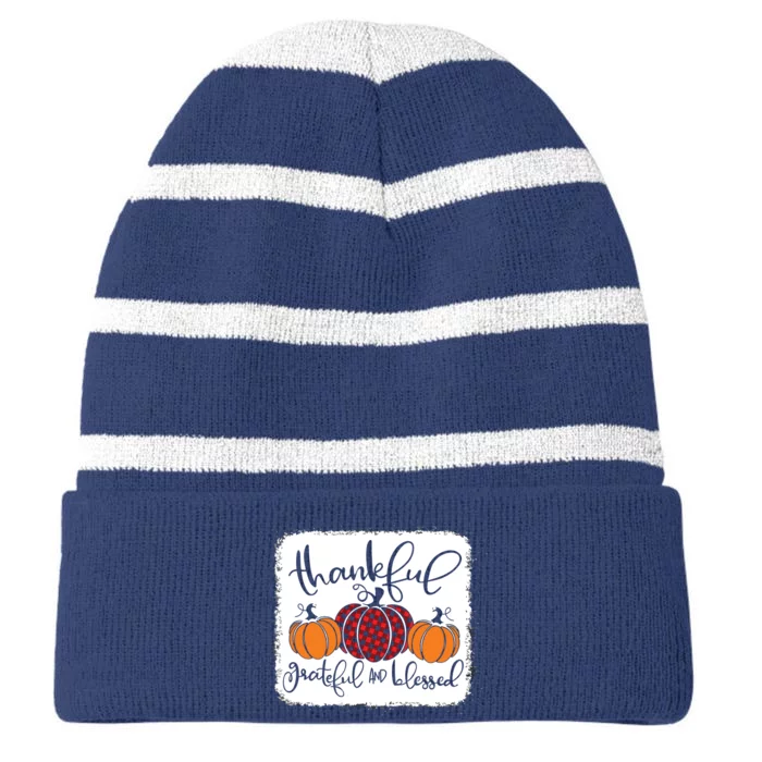 Thankful Grateful Blessed Thanksgiving Striped Beanie with Solid Band