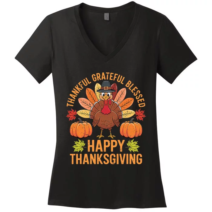 Thankful Grateful Blessed Turkey Women Happy Thanksgiving Women's V-Neck T-Shirt