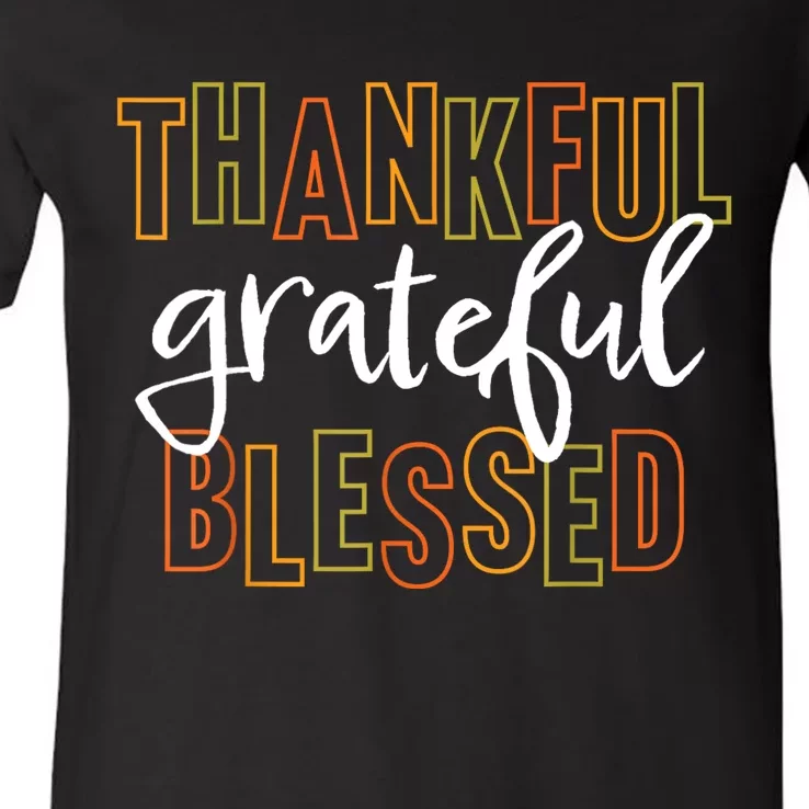 Thankful Grateful Blessed Women Girls Thanksgiving V-Neck T-Shirt