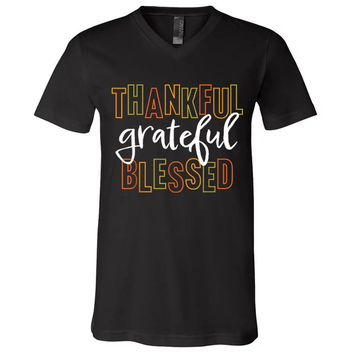 Thankful Grateful Blessed Women Girls Thanksgiving V-Neck T-Shirt