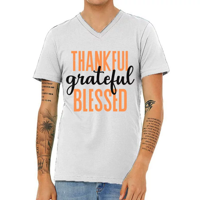 Thankful Grateful Blessed Vintage Thanksgiving V-Neck T-Shirt