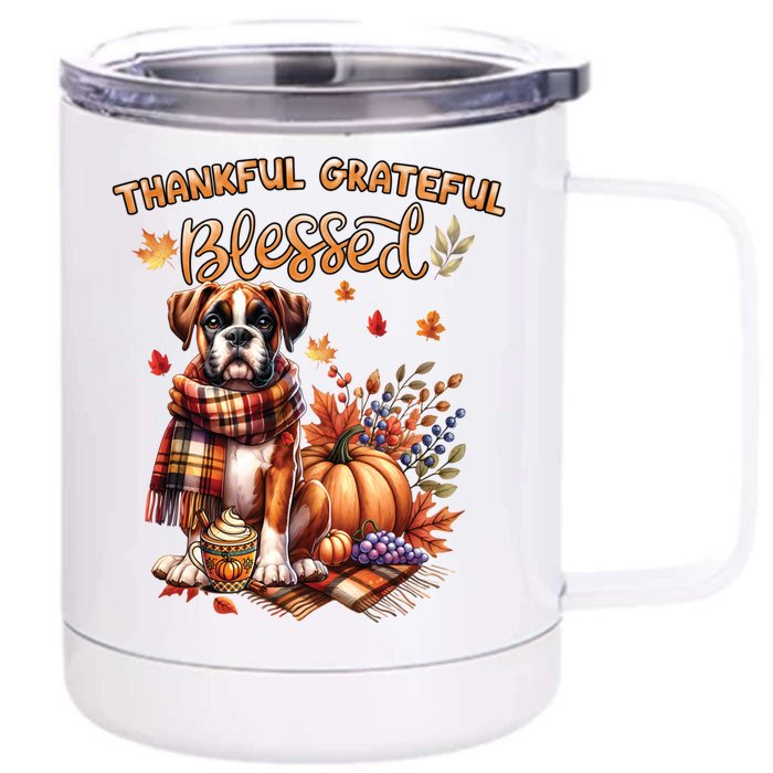 Thankful Grateful Blessed Cute Boxer Dog Fall YAll Autumn Gift Front & Back 12oz Stainless Steel Tumbler Cup