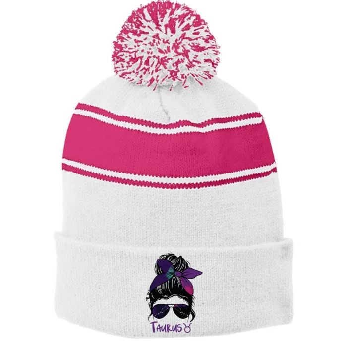 Taurus Girl Birthday Taurus Woman Zodiac Constellation Stripe Pom Pom Beanie