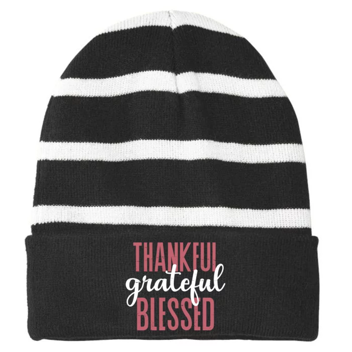 Thankful Grateful Blessed Cute Holiday Striped Beanie with Solid Band