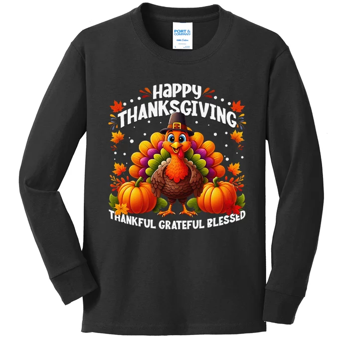 Thankful Grateful Blessed Happy Thanksgiving Turkey Women Gift Kids Long Sleeve Shirt