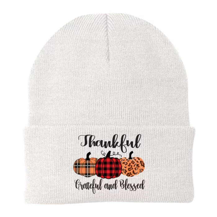 Thankful Grateful Blessed Plaid Leopard Pumpkin Thanksgiving Gift Knit Cap Winter Beanie