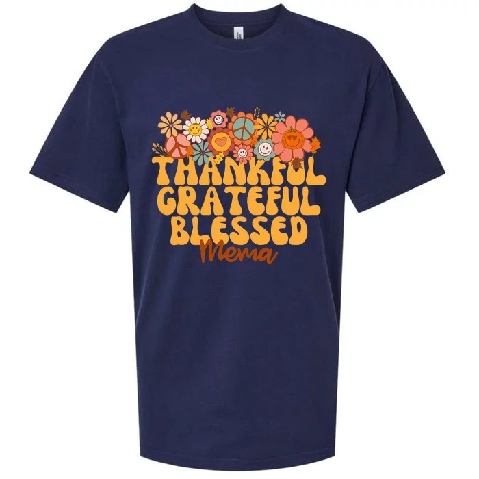 Thankful Grateful Blessed Mema Retro Groovy Thanksgiving Sueded Cloud Jersey T-Shirt