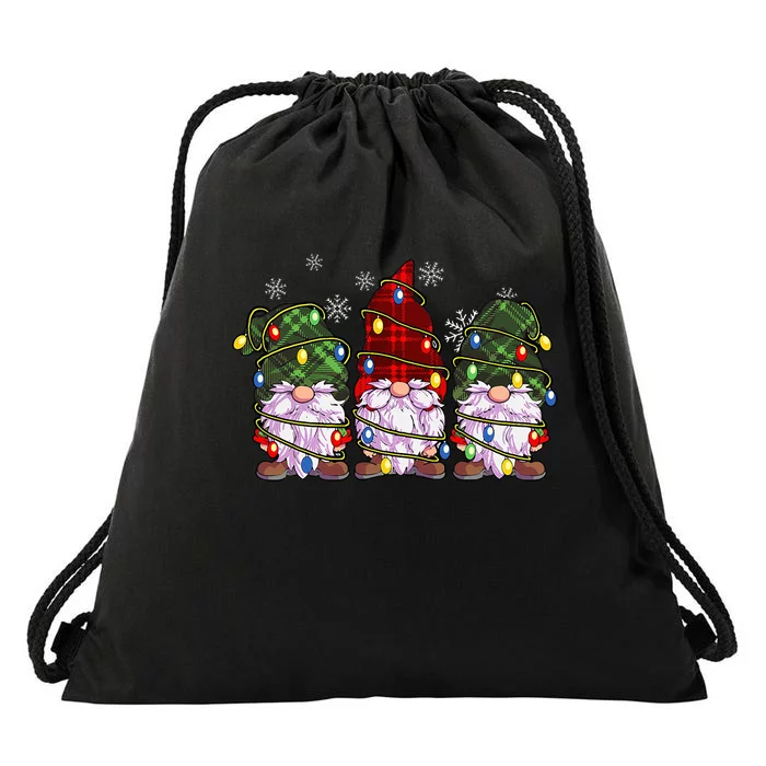 Three Gnomes Buffalo Plaid Red Christmas Drawstring Bag