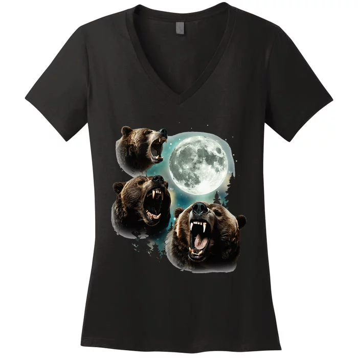 Three Grizzly Bears Howl At Moon Starry Mountain Forest Bear Women's V-Neck T-Shirt