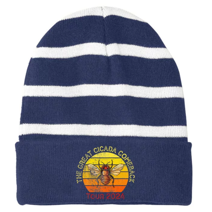 The Great Cicada Comeback 2024 Insect Invasion Retro Striped Beanie with Solid Band