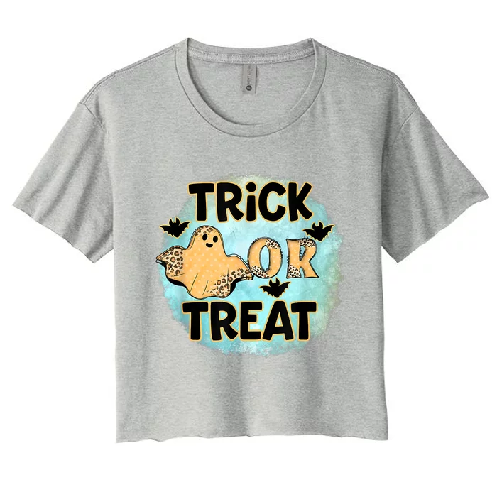 Trick Ghost Cute Leopard Halloween Harvest Treat Bat Women's Crop Top Tee