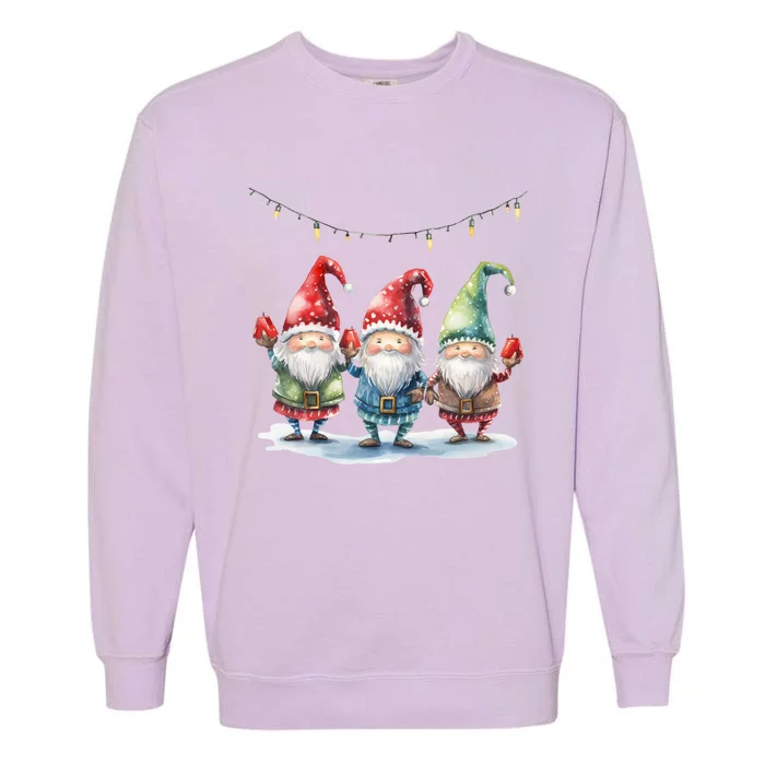 Three Gnomies Christmas Lighgreat Gift Funny Gnomies Lover Xmas Gift Garment-Dyed Sweatshirt